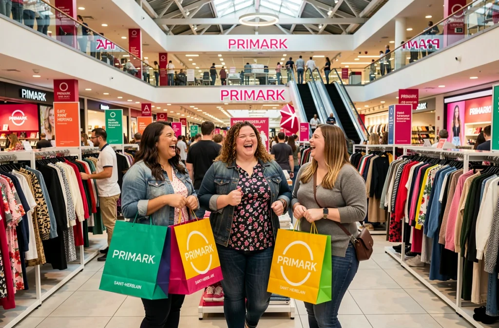 Des amies grande taille faisant du shopping et riant au Primark du centre commercial Atlantis à Saint-Herblain