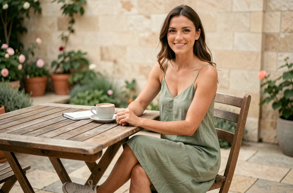 Femme assise en terrasse portant une robe en lin vert sauge avec des baskets blanches pour un look casual chic