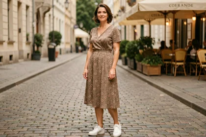 Femme adulte élégante portant une robe midi fleurie avec des baskets blanches en cuir sur un trottoir pavé
