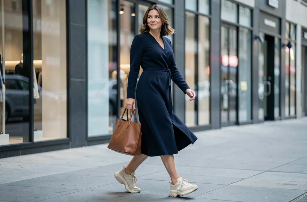 Femme de 40 ans portant une robe portefeuille marine avec des baskets chunky rétro dans un quartier urbain moderne