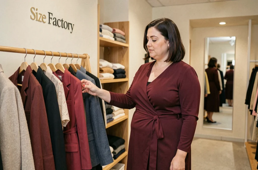 Une cliente essayant une veste dans le magasin Size Factory à Orvault spécialisé en vêtements grande taille
