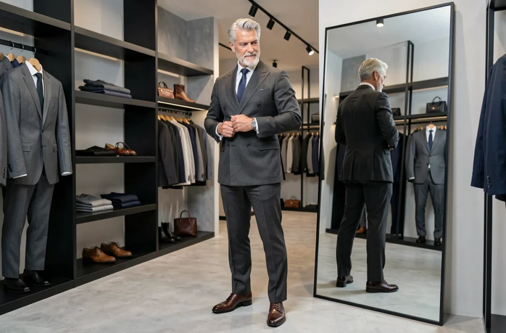 Homme élégant essayant un costume dans la boutique Un Homme A Suivre, concept store masculin haut de gamme