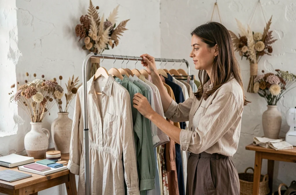 Créatrice Marie Tagiasco arrangeant des vêtements dans son studio-boutique Una Mattina Studio dans le Vaucluse