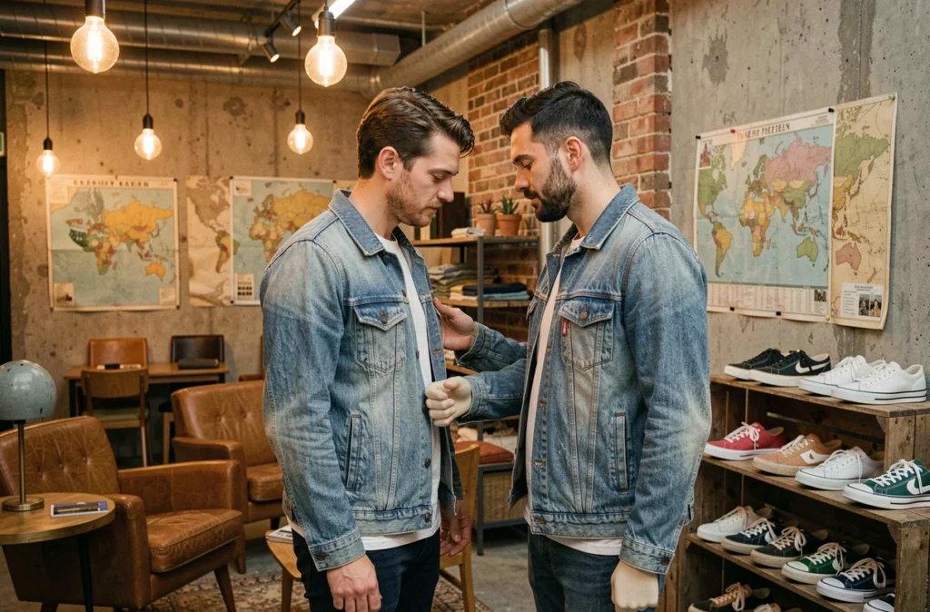 Homme examinant une veste en jean vintage sur un mannequin dans la friperie Urban et Vintage à L'Isle-sur-la-Sorgue