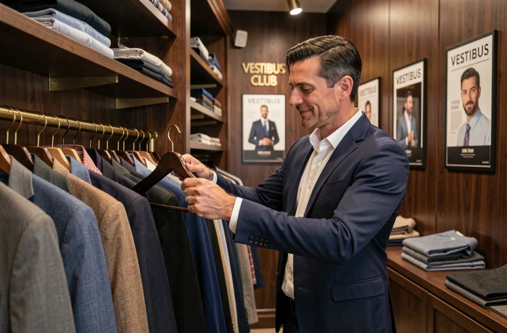 Client masculin parcourant les vêtements soigneusement sélectionnés dans la boutique Vestibus Club