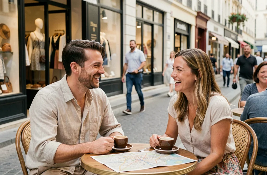 Deux amis en terrasse de café sur une rue commerçante piétonne de Marseille avec boutiques en arrière-plan