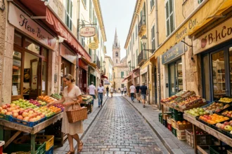 Rue commerçante piétonne de Marseille avec boutiques colorées et passants lors d'une journée sans voiture